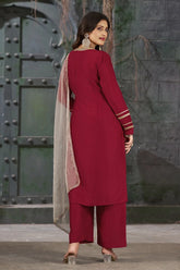 Maroon Straight Fit V-Neck Kurta Set with Trousers and Dupatta-CL-KPD-135